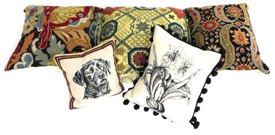 Appraisal: Needlepoint pillows five pieces geometric foliate and dog motif color