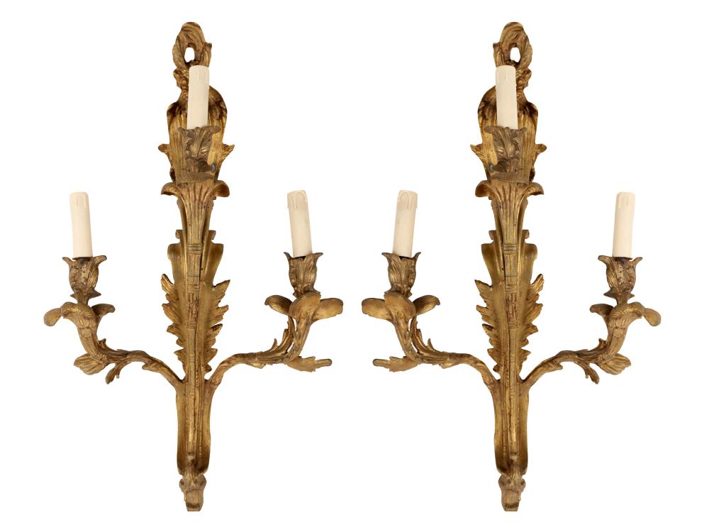 Appraisal: PAIR OF THREE-LIGHT GILT BRONZE SCONCESelectrified Condition pitting inches wide