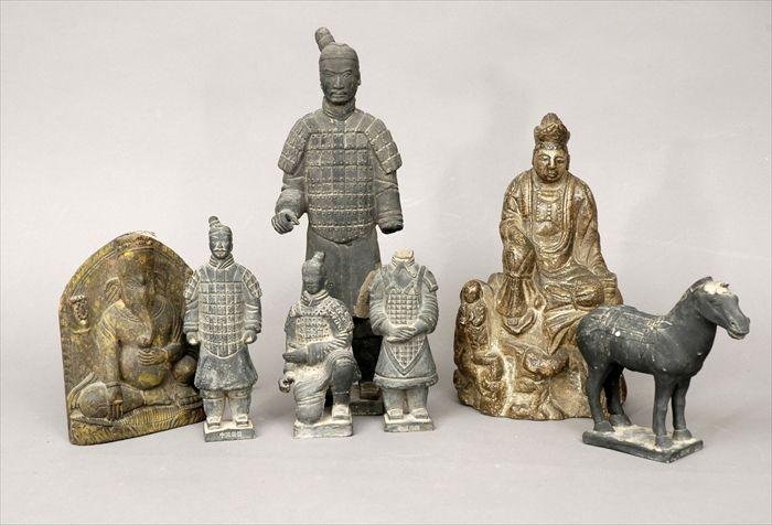 Appraisal: Four Chinese Pottery Warrior Figures a Horse Seated Buddha and