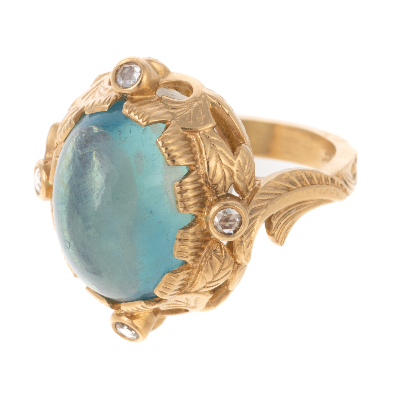 Appraisal: A CABOCHON AQUAMARINE DIAMOND RING IN K K yellow gold