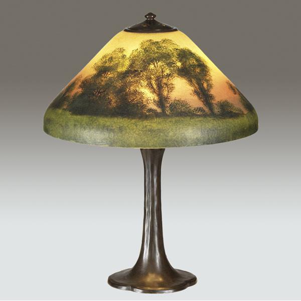 Appraisal: HANDEL Table lamp its etched glass shade obverse- and reverse-painted