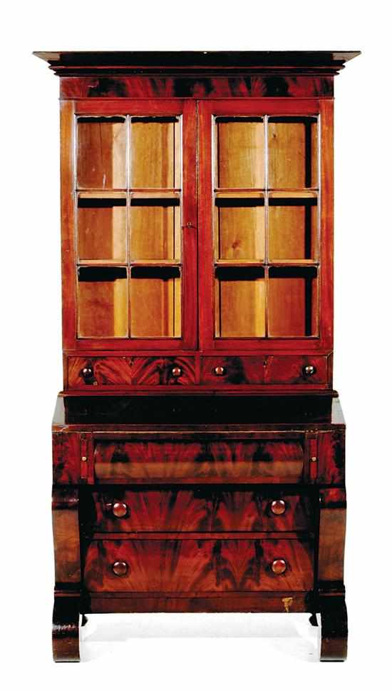 Appraisal: American Empire mahogany secretary bookcase circa top section with molded