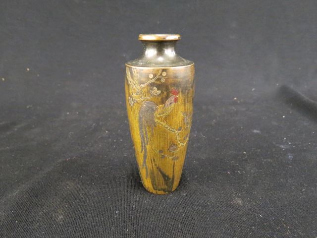 Appraisal: Japanese Mixed Metals Bronze Vase rooster on a flowering branch