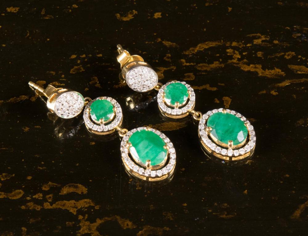 Appraisal: PAIR OF EMERALD AND DIAMOND DANGLE EARRINGS each k yellow