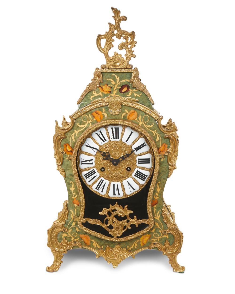 Appraisal: A Louis XV-style marquetry mantel clock Mid- th Century Dial