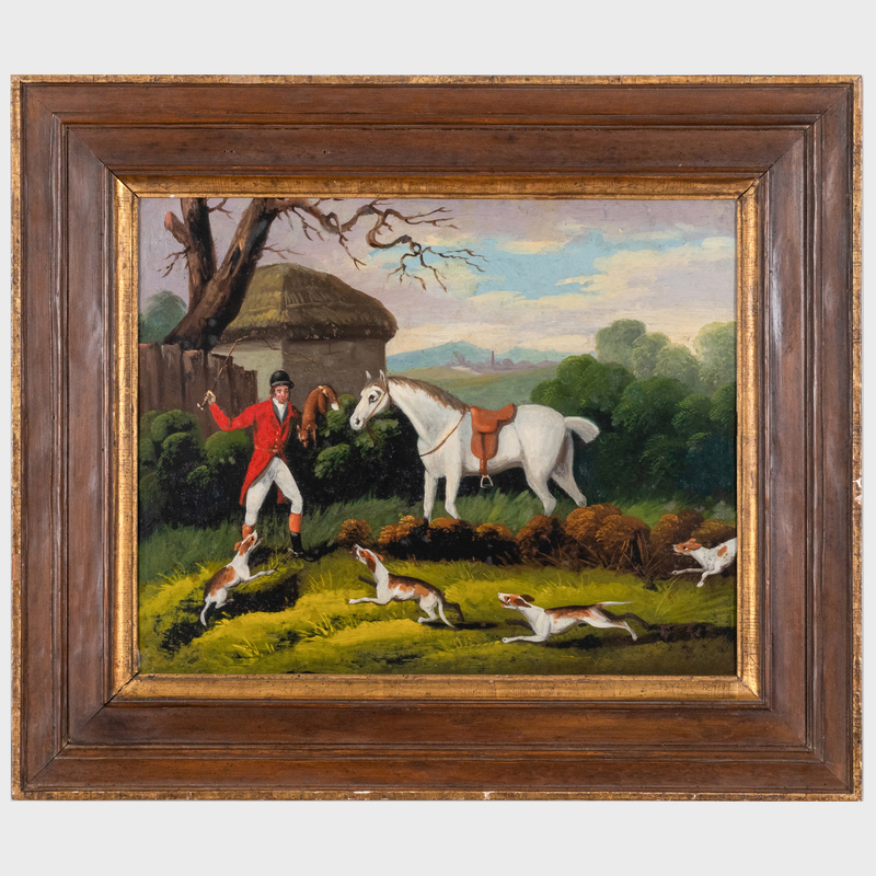 Appraisal: ENGLISH SCHOOL HUNT SCENE Oil on metal unsigned with label