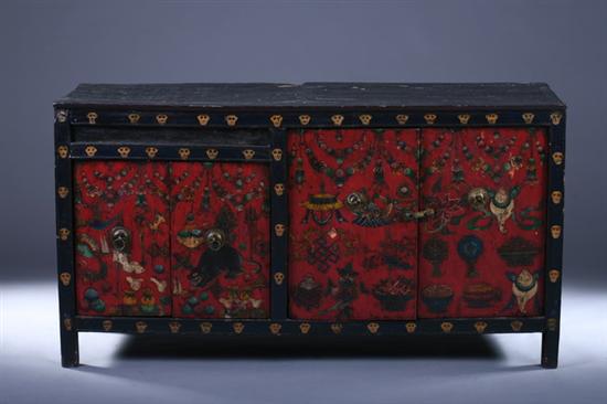 Appraisal: TIBETAN POLYCHROME WOOD CABINET th century Rectangular outline with four