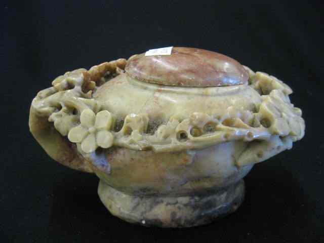 Appraisal: Chinese Carved Soapstone Box oval with floral surround '' x