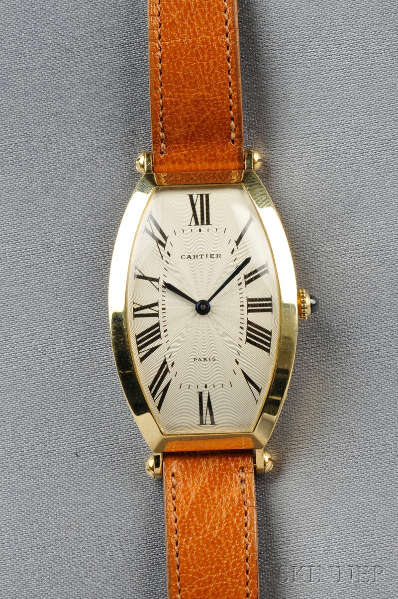 Appraisal: kt Gold Tonneau Wristwatch Cartier Paris the ivory-tone guilloche enamel