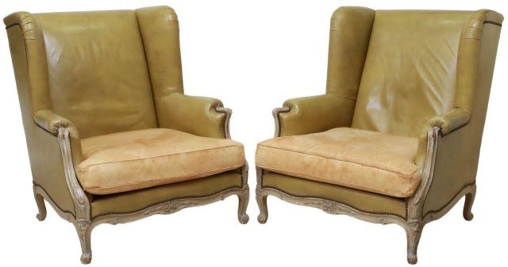 Appraisal: pair Louis XV style wingback armchairs th c in olive