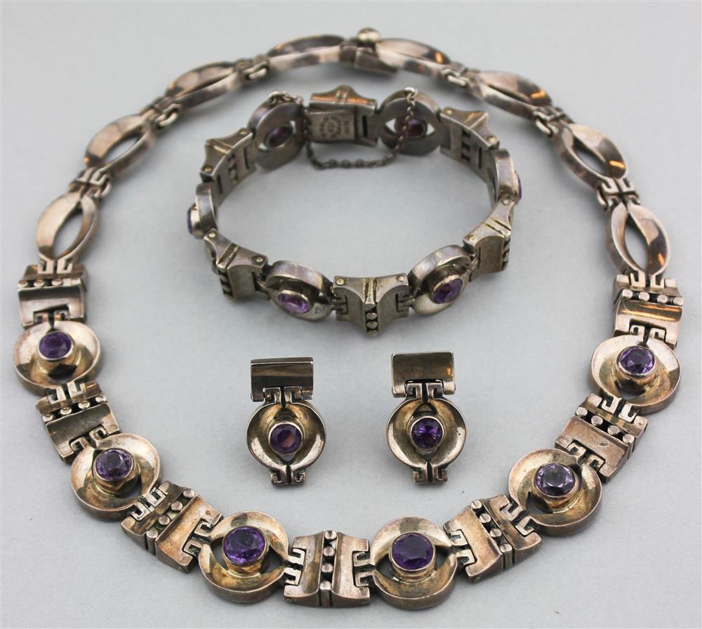 Appraisal: LOS BALLESTEROS SILVER AND AMETHYST SUITE NECKLACE BRACELET AND EARRINGS