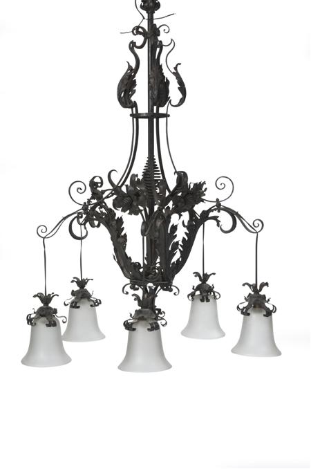 Appraisal: ITALIAN SCHOOL CHANDELIER S wrought iron and glass the central