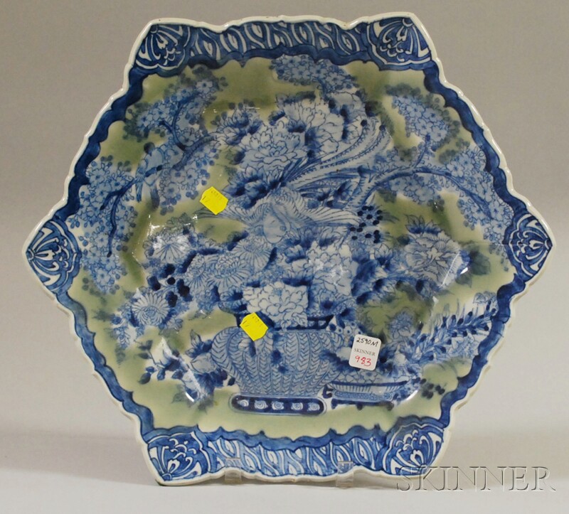 Appraisal: Chinese Hexagonal Celadon Glaze-highlighted Blue Floral-decorated Porcelain Dish wd in