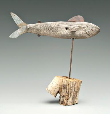 Appraisal: Folk art wormy chestnut fish applied metal fins and glass