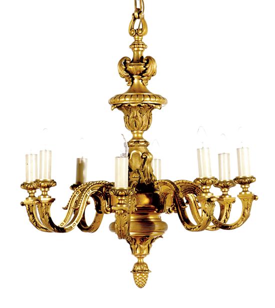 Appraisal: English bronze eight-light chandelier Classical stem issuing scrolling arms terminating