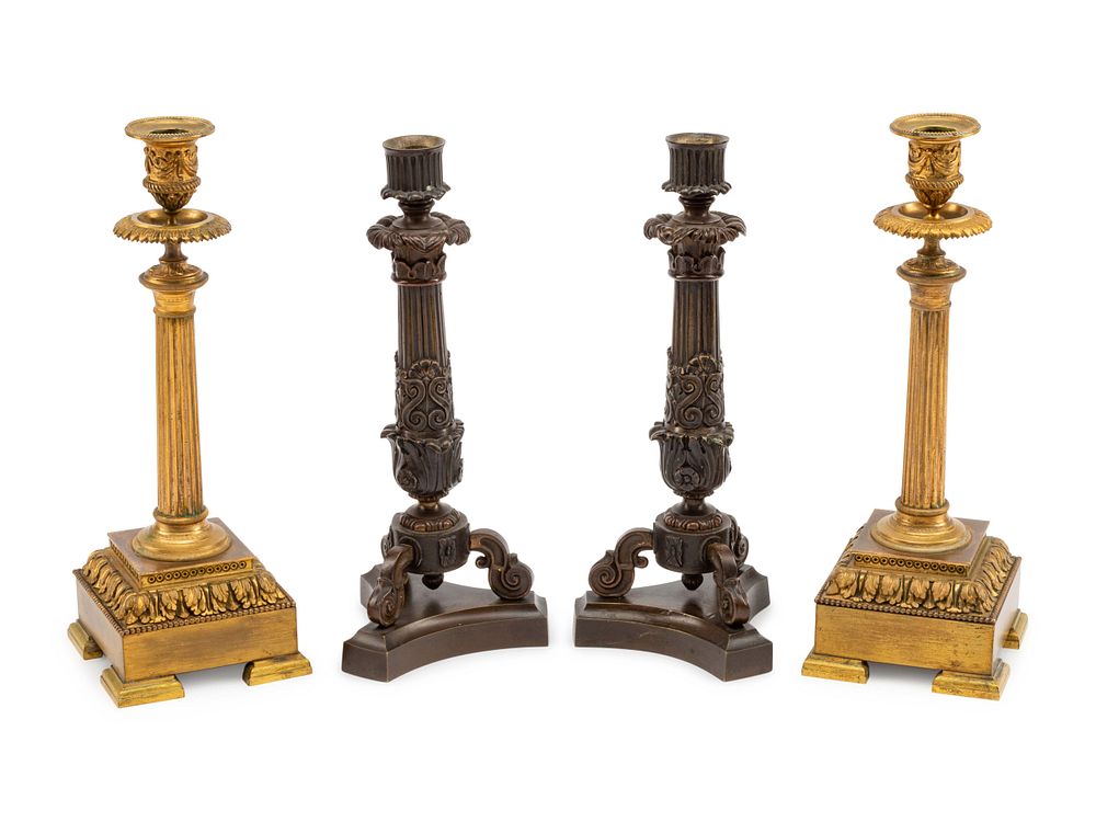 Appraisal: Two Pairs of Continental Bronze Candlesticks Two Pairs of Continental