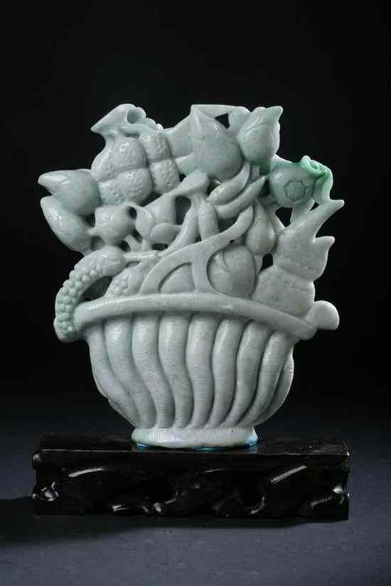 Appraisal: CHINESE CELADON JADEITE MODEL OF FRUIT BASKET - in high