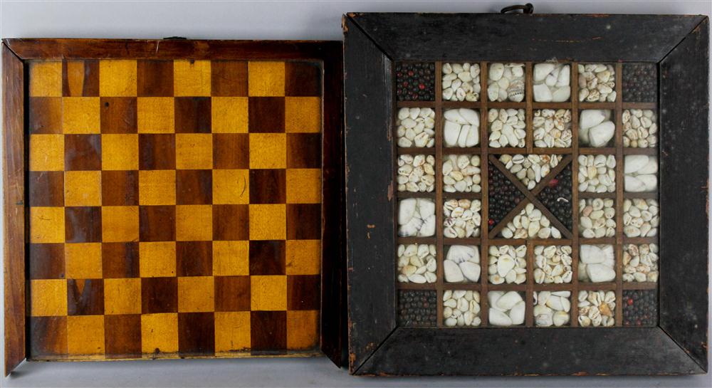 Appraisal: PARQUETRY GAME BOARD AND A SHELL PICTURE late th C