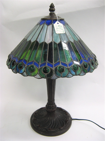 Appraisal: TWO LEADED GLASS TABLE LAMPS the peacock feather pattern shade