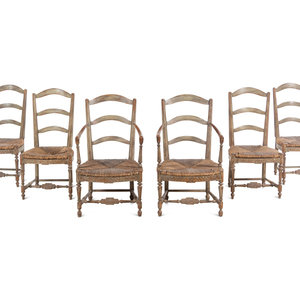 Appraisal: A Set of Six French Provincial Green-Painted Rush-Seat Dining Chairs