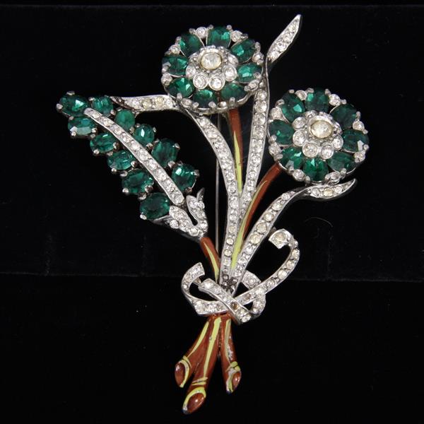 Appraisal: GIANT Unmarked enamel and emerald rhinestone Floral Spray Pin Brooch