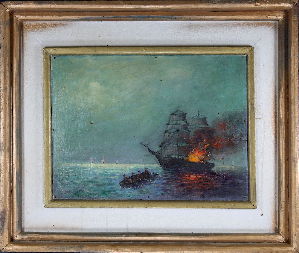 Appraisal: th C Nautical Battle Scene at Night Signed th C