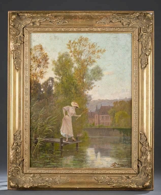 Appraisal: J Chevalon Woman Fishing o c Chevalon J c Oil