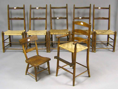 Appraisal: Set of maple ladderback chairs together with a highchair and