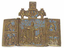 Appraisal: Russian Interest A brass folding triptych travelling icon with blue