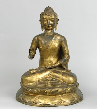 Appraisal: A Large Gilt Bronze Buddha Figurine Traditionally rendered seated on