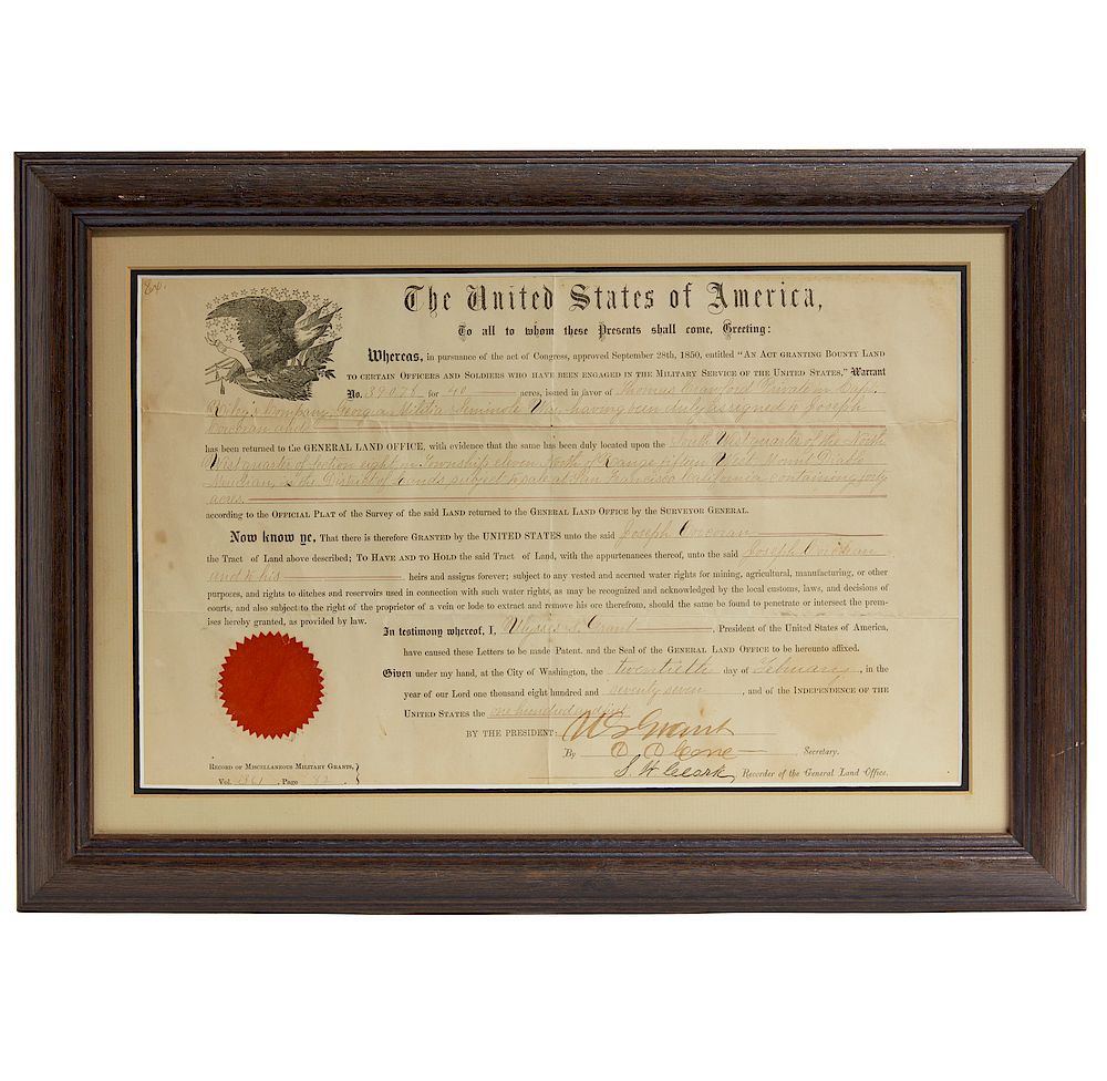 Appraisal: President Grant Land Grant Framed land grant to Joseph Corcoran