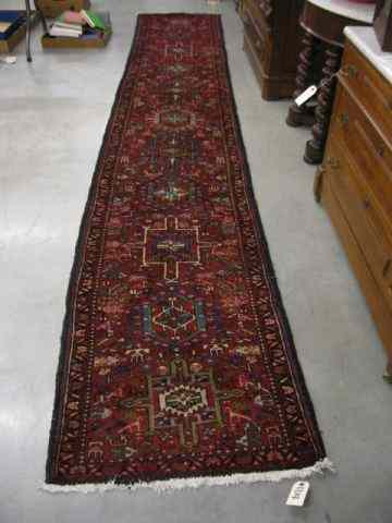 Appraisal: Heriz Persian Handmade Runner geometrics on deep red field thick