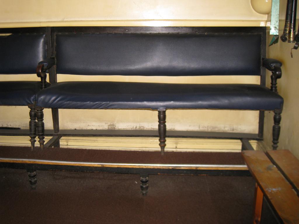 Appraisal: Three raised Snooker Room Benches with blue upholstery on turned