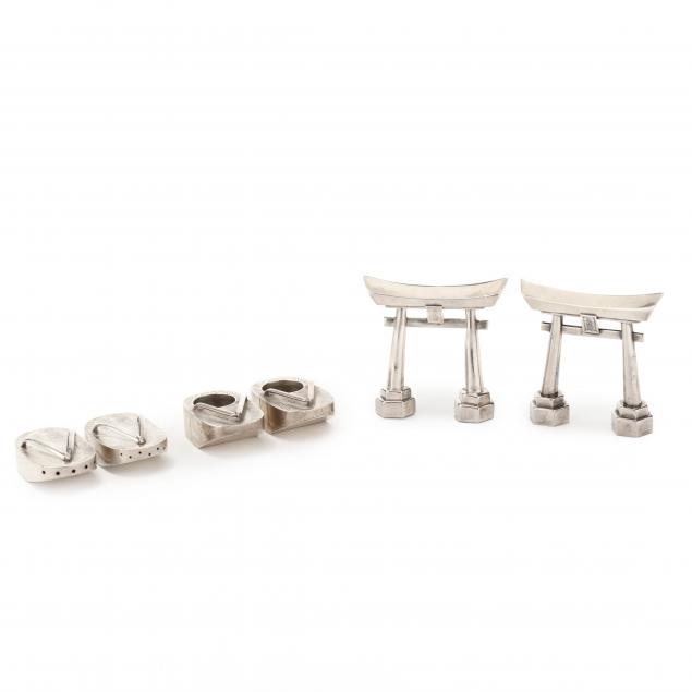 Appraisal: GROUPING OF JAPANESE SILVER SHINTO GATE AND GETA FORM SALTS