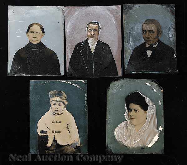 Appraisal: A Group of Five Whole Plate Hand-Painted Tintype Portraits including