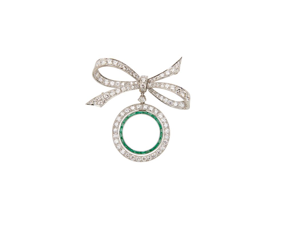 Appraisal: Platinum Diamond and Emerald Brooch Platinum Diamond and Emerald Brooch