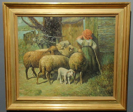 Appraisal: Contemporary oil on canvas painting of sheep th c x