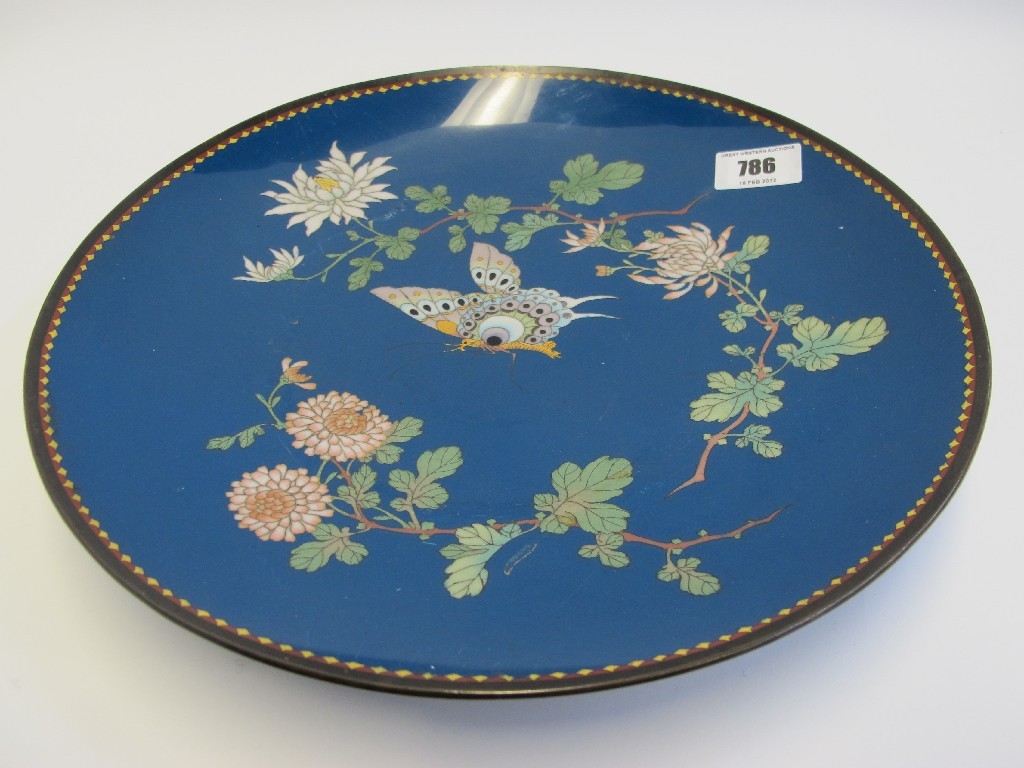 Appraisal: Cloisonne charger decorated with a butterfly amongst peonies