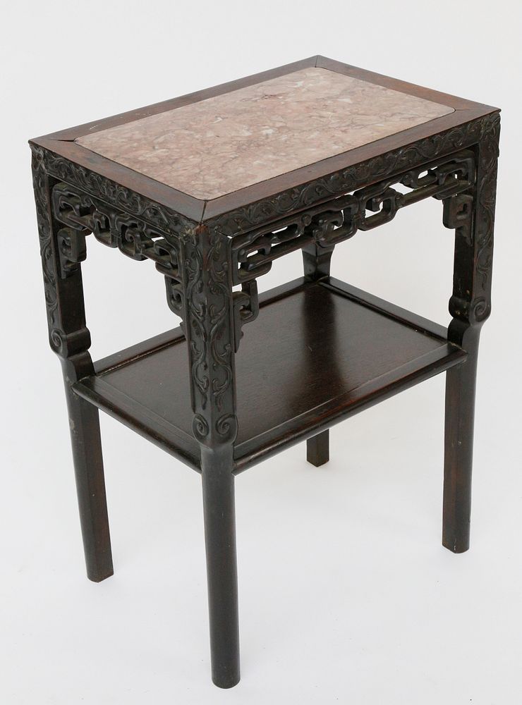 Appraisal: Antique Chinese Teakwood and Marble Inset Rectangular Side Table Antique