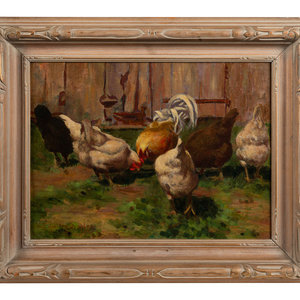 Appraisal: Walter Douglas American - Chickens Feeding oil on canvas laid