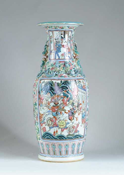 Appraisal: LARGE ROSE MANDARIN TEMPLE VASE Polychrome decorated in bright colors