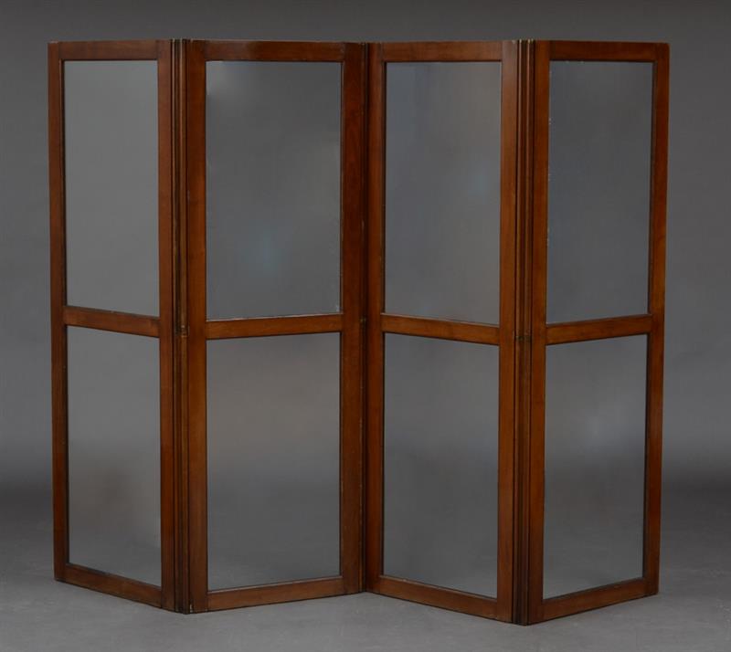 Appraisal: DIRECTOIRE MAHOGANY AND GLASS FOUR-PANEL SCREEN Each panel with inset