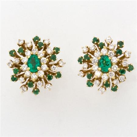 Appraisal: Pair of Gold Diamond and Emerald Stud Earrings Tiffany Co