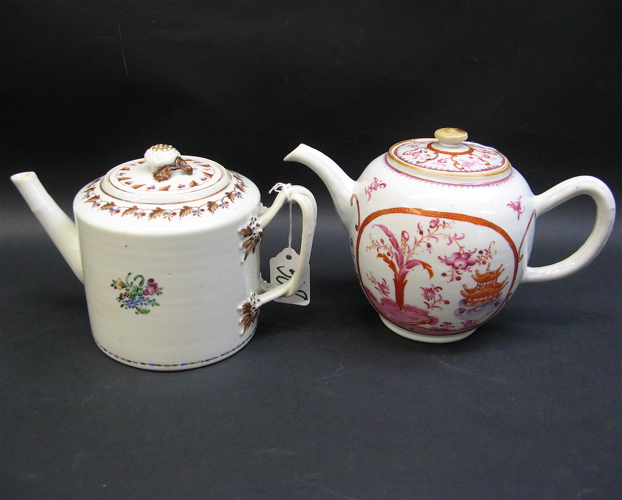 Appraisal: TWO COLLECTIBLE PORCELAIN TEAPOTS having hand enameled decorations on off-white