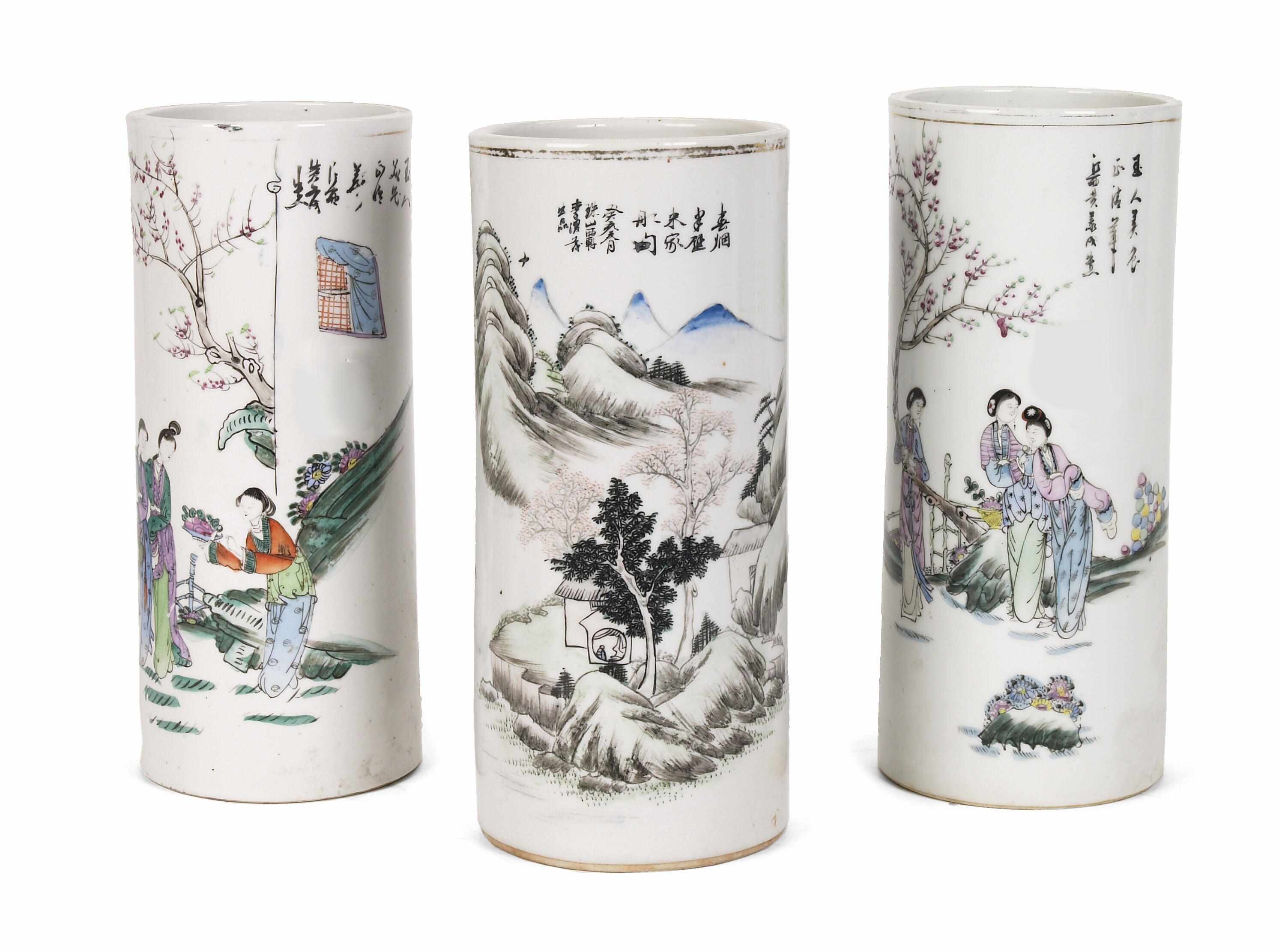 Appraisal: A group of three Chinese famille rose porcelain cylindrical vases