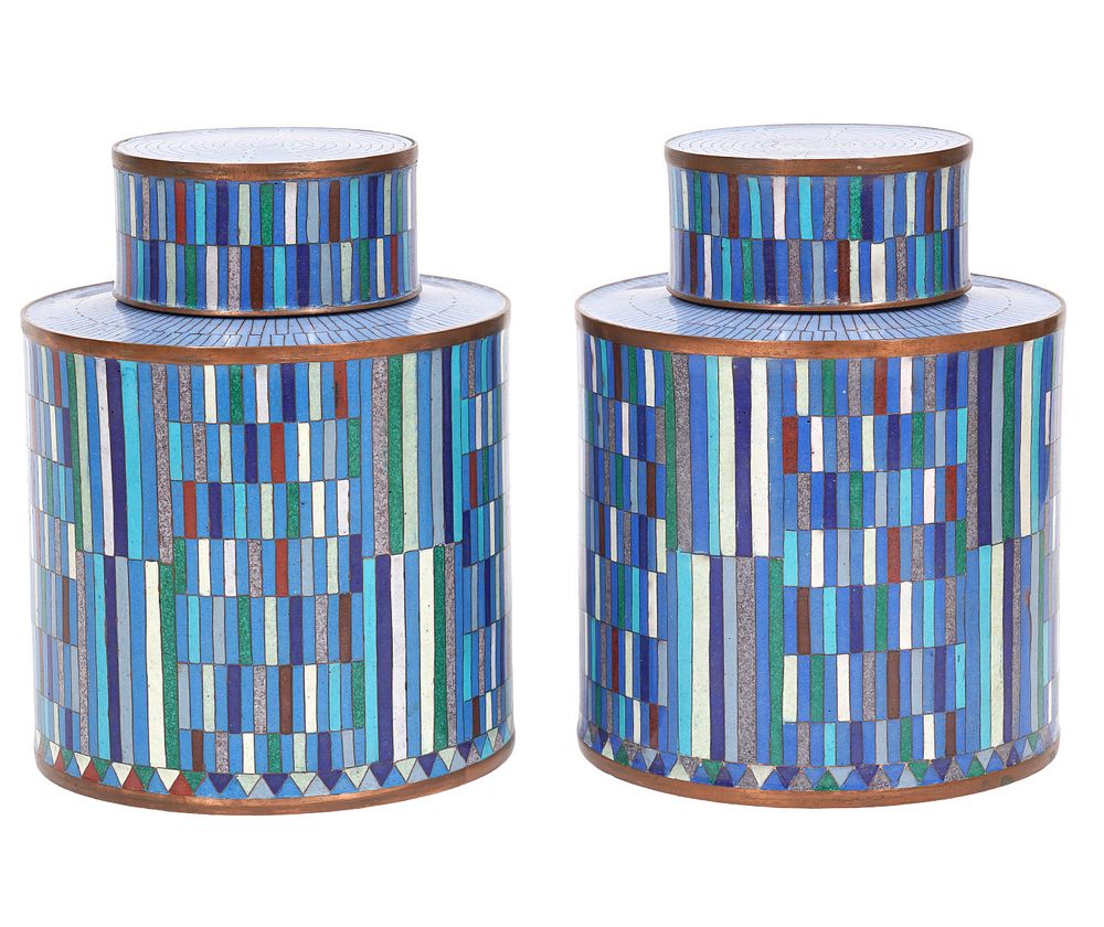 Appraisal: Pr Fabienne Jouvin Copper Enameled Lidded Jar Pair of Fabienne