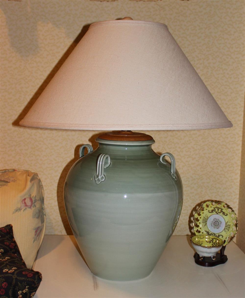 Appraisal: PAIR OF GREEN CERAMIC VASE LAMPS - h in Provenance