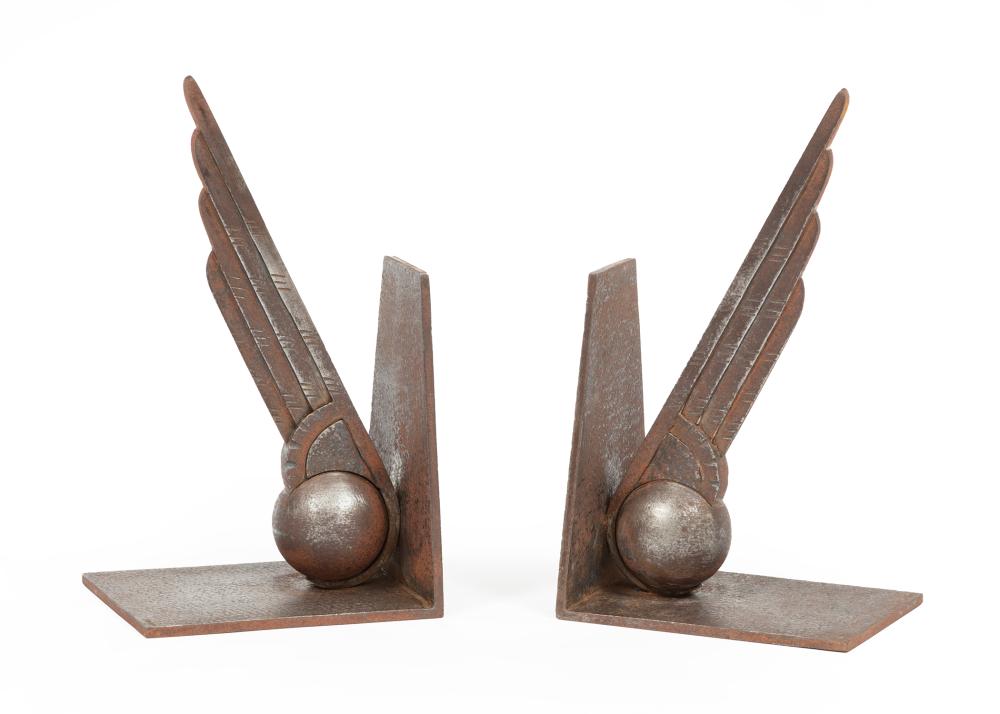 Appraisal: Pair of Edgard Brandt-Style Bookends th c cast iron sphere