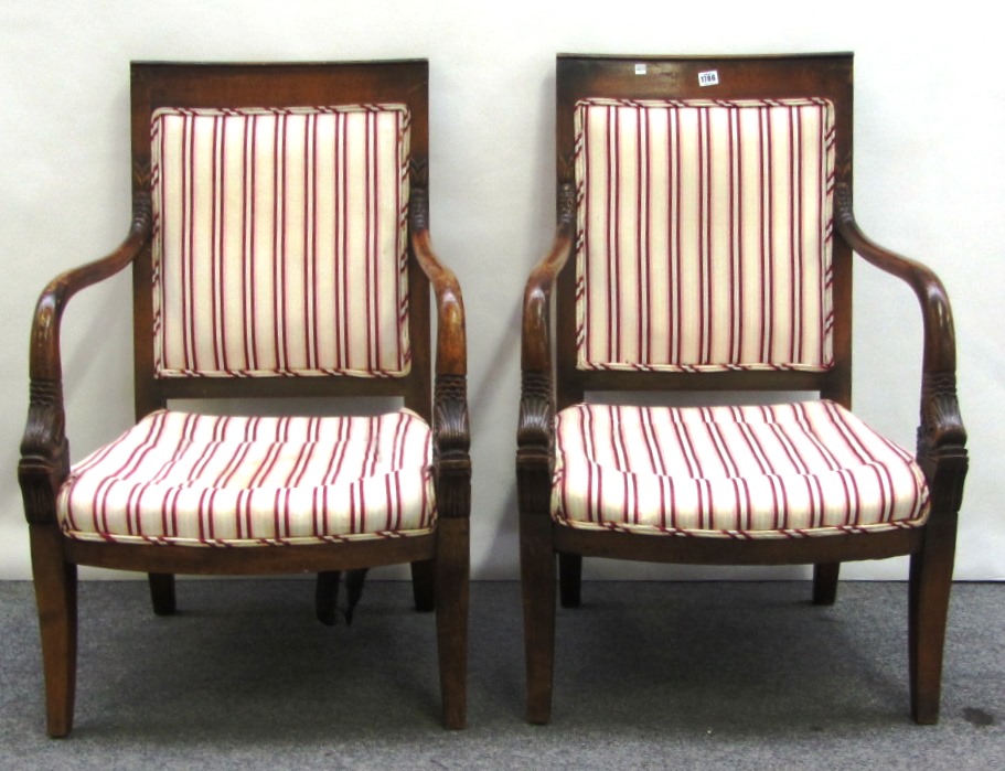 Appraisal: A pair of Empire style stained beech fauteuils on sabre