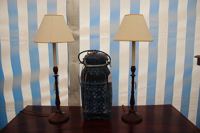 Appraisal: A PAIR OF TURNED WOODEN ELECTRIC TABLE LAMPS cm high